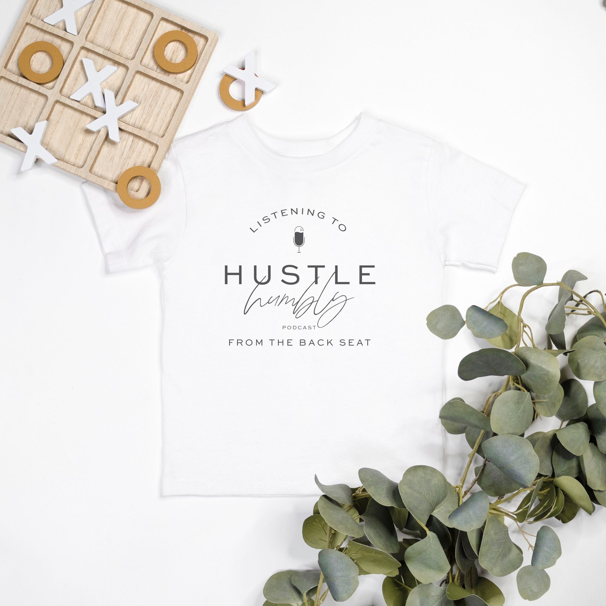 Listening to Hustle Humbly Toddler Tee (Athletic Heather, Pink, White)