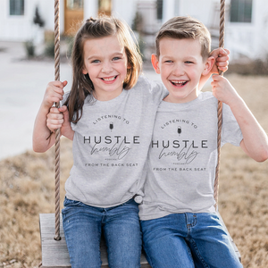 Listening to Hustle Humbly Youth Tee (Athletic Heather, White)