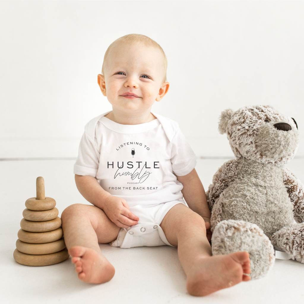 Listening to Hustle Humbly Infant One-Piece (Gray, Pink, White)